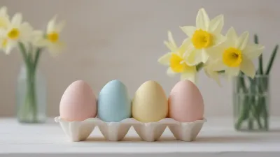 Pastel Eggs in Carton with Daffodils - Easter - AI generated image
