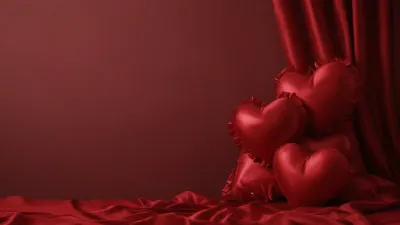 Heart-Shaped Pillows Clustered in Soft Red Light - Fashion - AI generated image