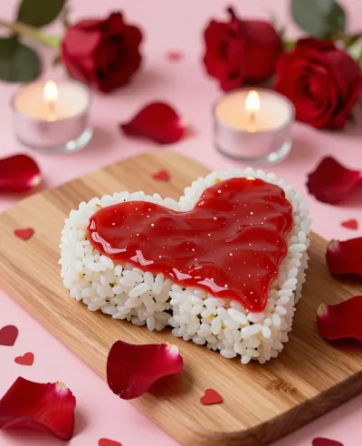 Heart-Shaped Sushi Roll with Red Sauce - Food - AI generated image