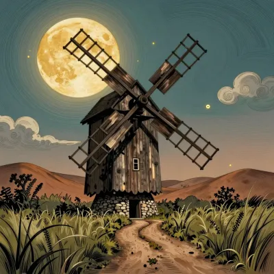 Moonlit Windmill on Hillside - Architecture - AI generated image