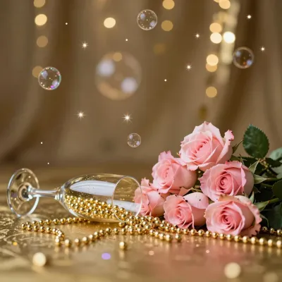 Champagne Flute with Roses and Golden Beads - Celebration - AI generated image