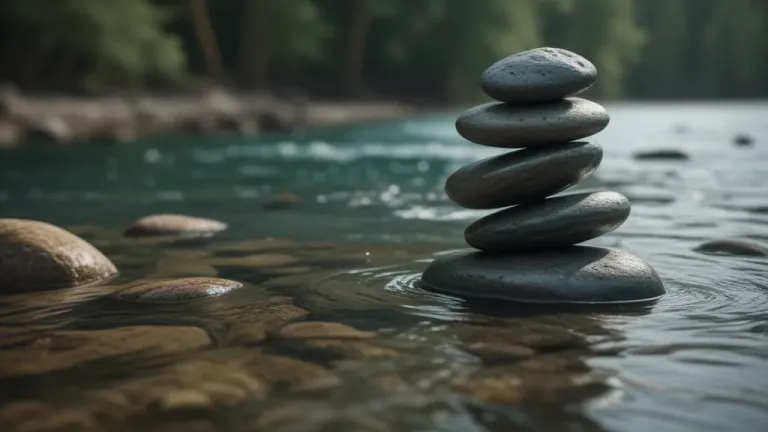 Stack of Smooth Stones Balanced in River - Nature - AI generated image