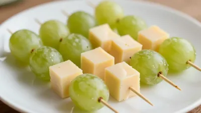 Grapes and Cheese Skewers on White Plate - Food - AI generated image