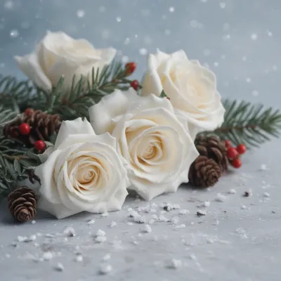 White Roses with Pine Branches and Red Berries in Winter Frost - Flowers - AI generated image