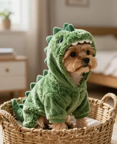 Yorkshire Terrier in Dinosaur Costume Resting in Basket - Pet - AI generated image