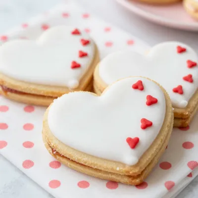 Heart-Shaped Cookies with White Icing and Red Sprinkles - Food - AI generated image