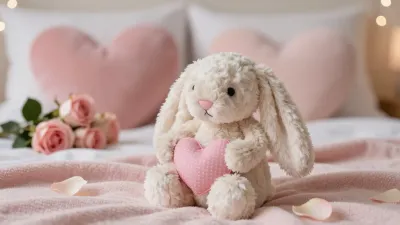 Plush Bunnies in Pink Valentine's Setting - Plush Toys - AI generated image