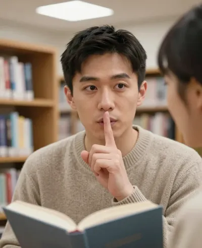 Young Man Quietly Reading in Library - Portrait - AI generated image