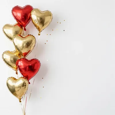 Red and Gold Heart Balloons Floating on White Background - Celebration - AI generated image