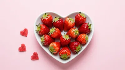 Strawberries in Heart Bowl on Pink Background - Food - AI generated image