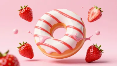 Glazed Donut with Pink Drizzle and Strawberries - Food - AI generated image