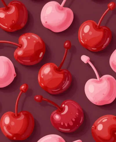Glossy Cherries Scattered on Dark Background - Food - AI generated image