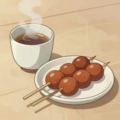 Dango Skewers with Tea Cup - Food - AI generated image