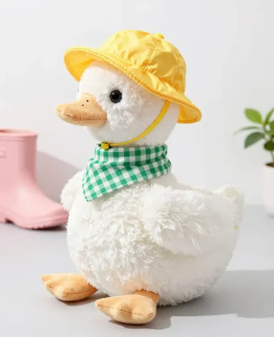 Plush Duck Wearing Yellow Rain Hat and Checkered Scarf - Plush - AI generated image