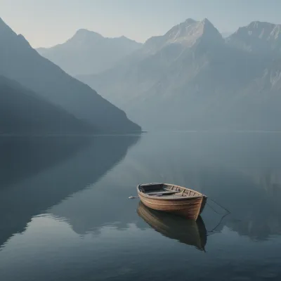 Small Wooden Boat Resting on Calm Lake - Landscape - AI generated image