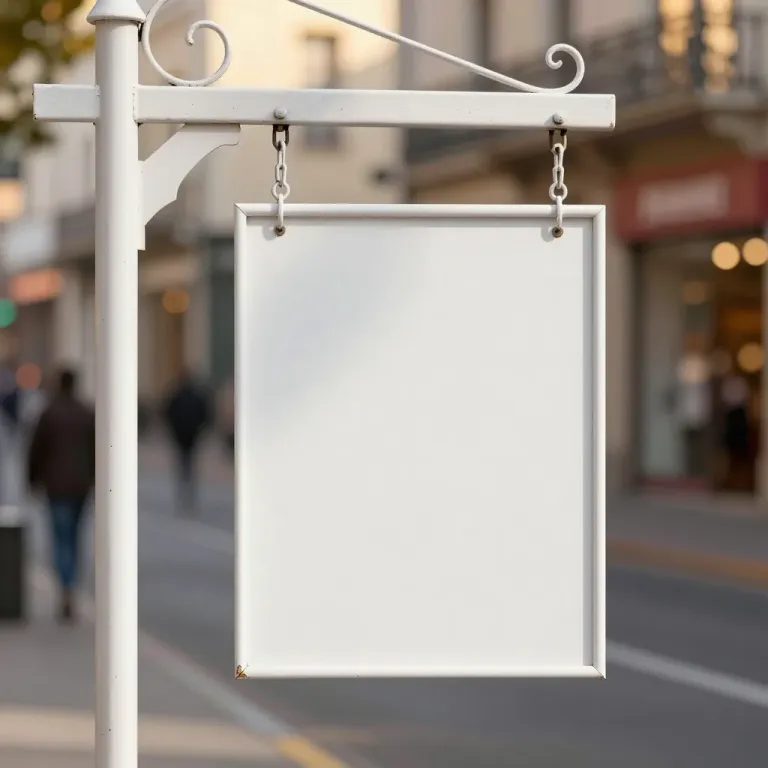 Blank White Sign Hanging on City Sidewalk - Urban - AI generated image