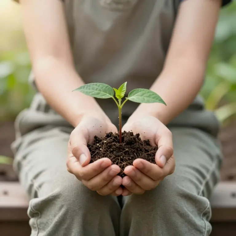 Hands Holding Seedling in Soft Morning Light - Nature - AI generated image
