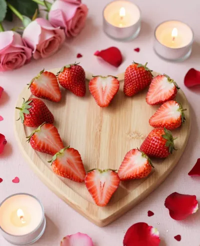 Heart-Shaped Strawberries on Platter with Roses - Food - AI generated image