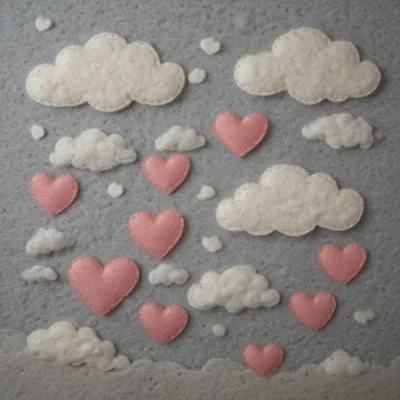 Felt Clouds and Pink Hearts Scattered on Gray Surface - Felt - AI generated image