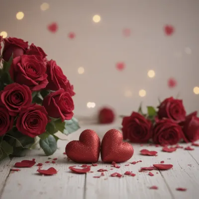 Red Roses and Glittering Hearts Romantic Arrangement - Flowers - AI generated image