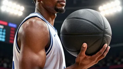 Basketball Player Holding Black Ball in Stadium - Sports - AI generated image