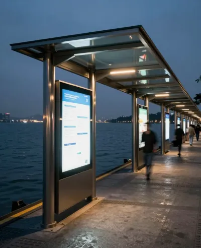 Digital Screens in Glass Shelter by Serene Waterfront - Urban - AI generated image