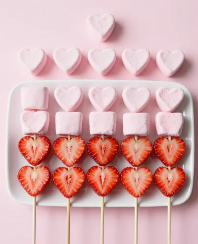 Heart-Shaped Marshmallows and Strawberry Skewers Arrangement - Food - AI generated image
