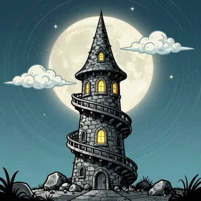 Spiral Tower with Glowing Windows at Night - Architecture - AI generated image