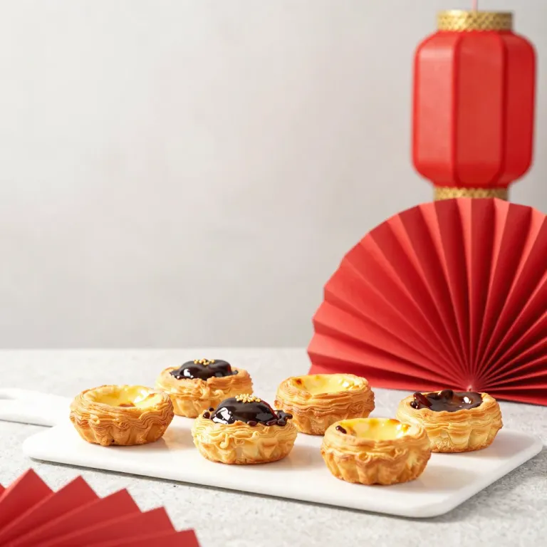 Miniature Custard Tarts with Chocolate Sauce and Gold Flakes - Food - AI generated image