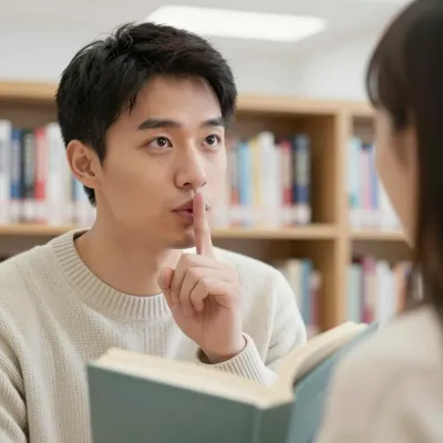 Young Man Shushing in Library - People - AI generated image