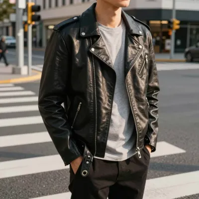 Person in Glossy Leather Jacket at Crosswalk - Fashion - AI generated image