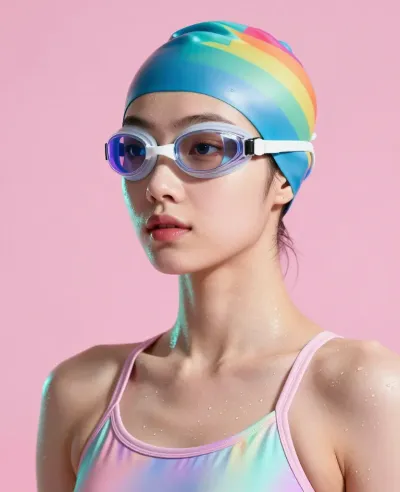 Rainbow-Cap Swimmer in Pastel Suit - Swimming - AI generated image