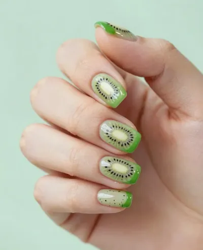Kiwi Fruit Tips Painted on Fingernails - Fashion - AI generated image