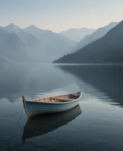 Weathered Boat Resting on Calm Lake - Landscape - AI generated image