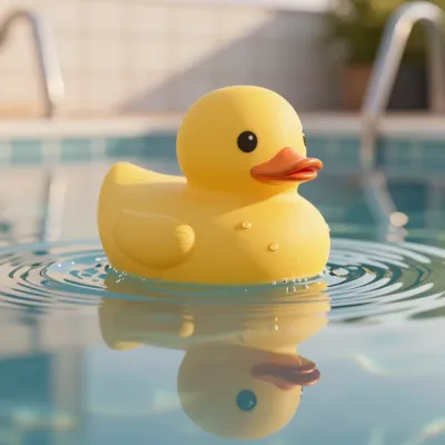 Yellow Rubber Duck Floating on Pool Water - Objects - AI generated image
