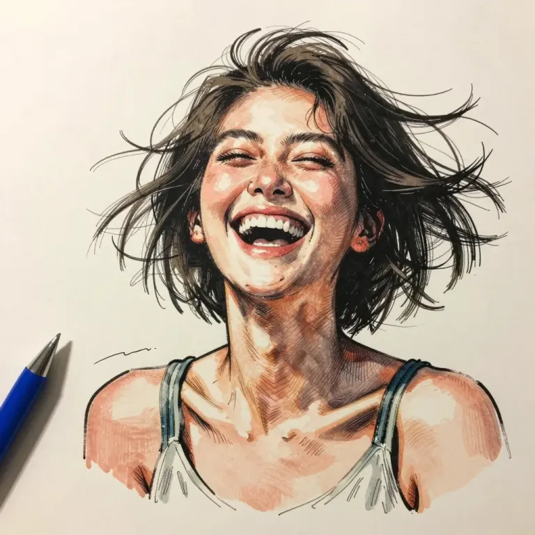 Laughing Woman in Sleeveless Top with Wind Blowing Her Hair - Portrait - AI generated image