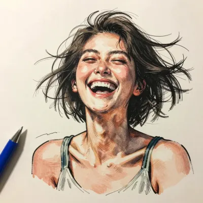 Laughing Woman in Sleeveless Top with Wind Blowing Her Hair - Portrait - AI generated image