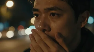 Fearful Man Grasping Face in Urban Night - Portrait - AI generated image