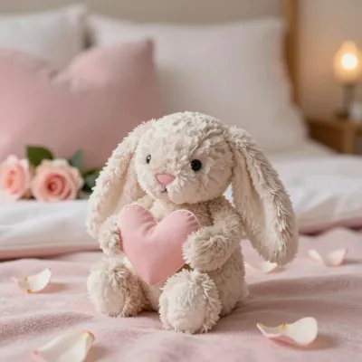 Plush Bunny Holding Heart Pillow in Soft Pink Bed - Stuffed Animal - AI generated image