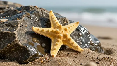 Starfish Resting on Wet Rock by Ocean - Marine Life - AI generated image