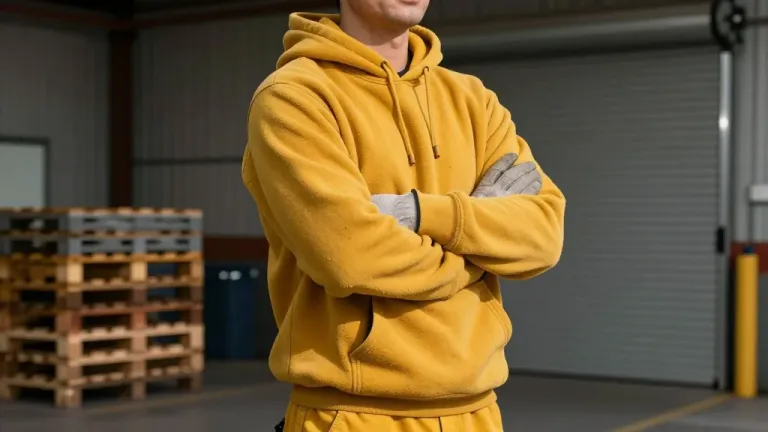 Man in Yellow Hoodie Arms Crossed Warehouse - People - AI generated image