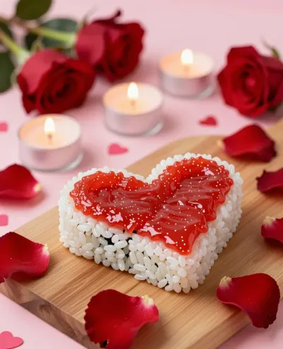 Heart-Shaped Sushi Rolls with Glossy Red Sauce - Food - AI generated image