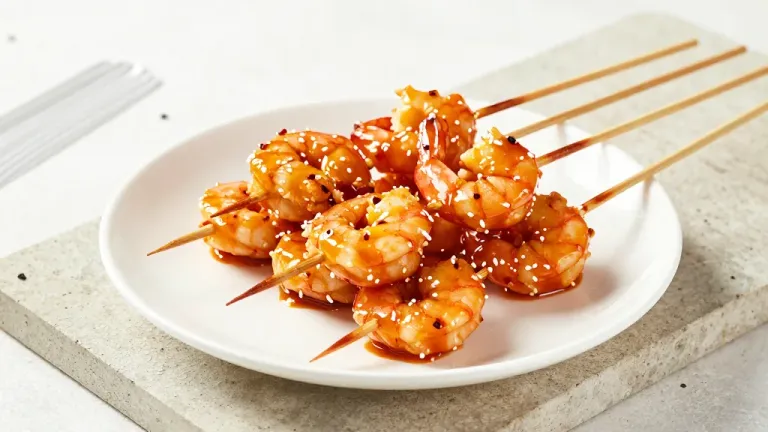 Skewered Shrimp Coated in Glossy Glaze on White Plate - Gastronomy - AI generated image