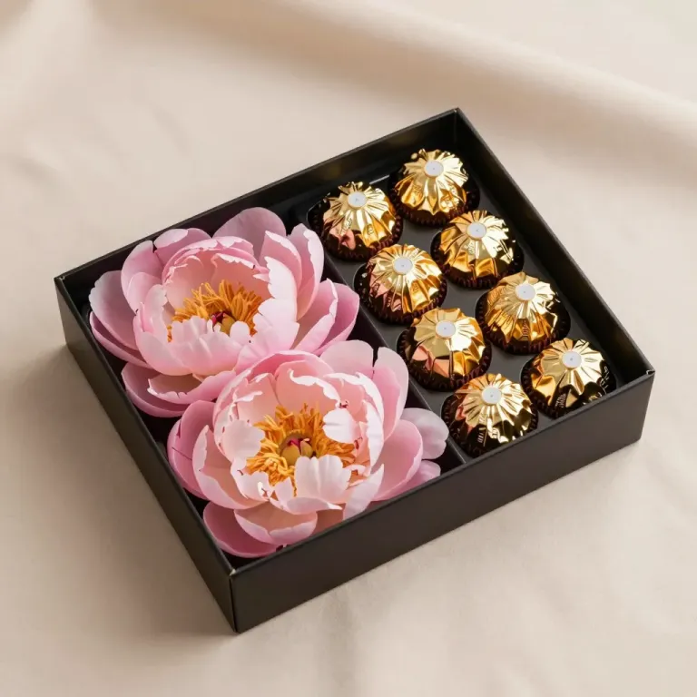 Chocolate Candies and Peonies in Luxurious Box - Food - AI generated image