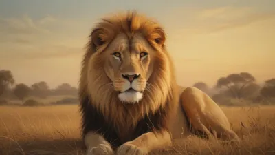 Lion Lying Down in Golden Savanna - Wildlife - AI generated image