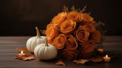 Golden Roses and White Pumpkins in Warm Candlelight - Flowers - AI generated image