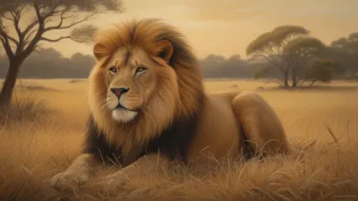 Lion Resting in Golden Savanna - Wildlife - AI generated image