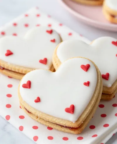 Heart-Shaped Cookies with White Icing and Red Hearts - Food - AI generated image