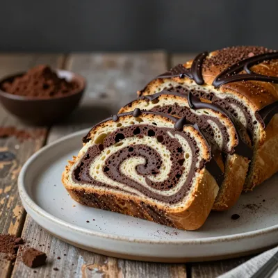 Sliced Chocolate Babka on Rustic Table - Bakery - AI generated image