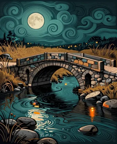 Stone Bridge Over Flowing River at Night - Architecture - AI generated image